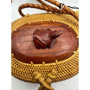 Woven‎ Rattan Round Crossbody Bag Purse with Wood Frog Accent Boho Chic